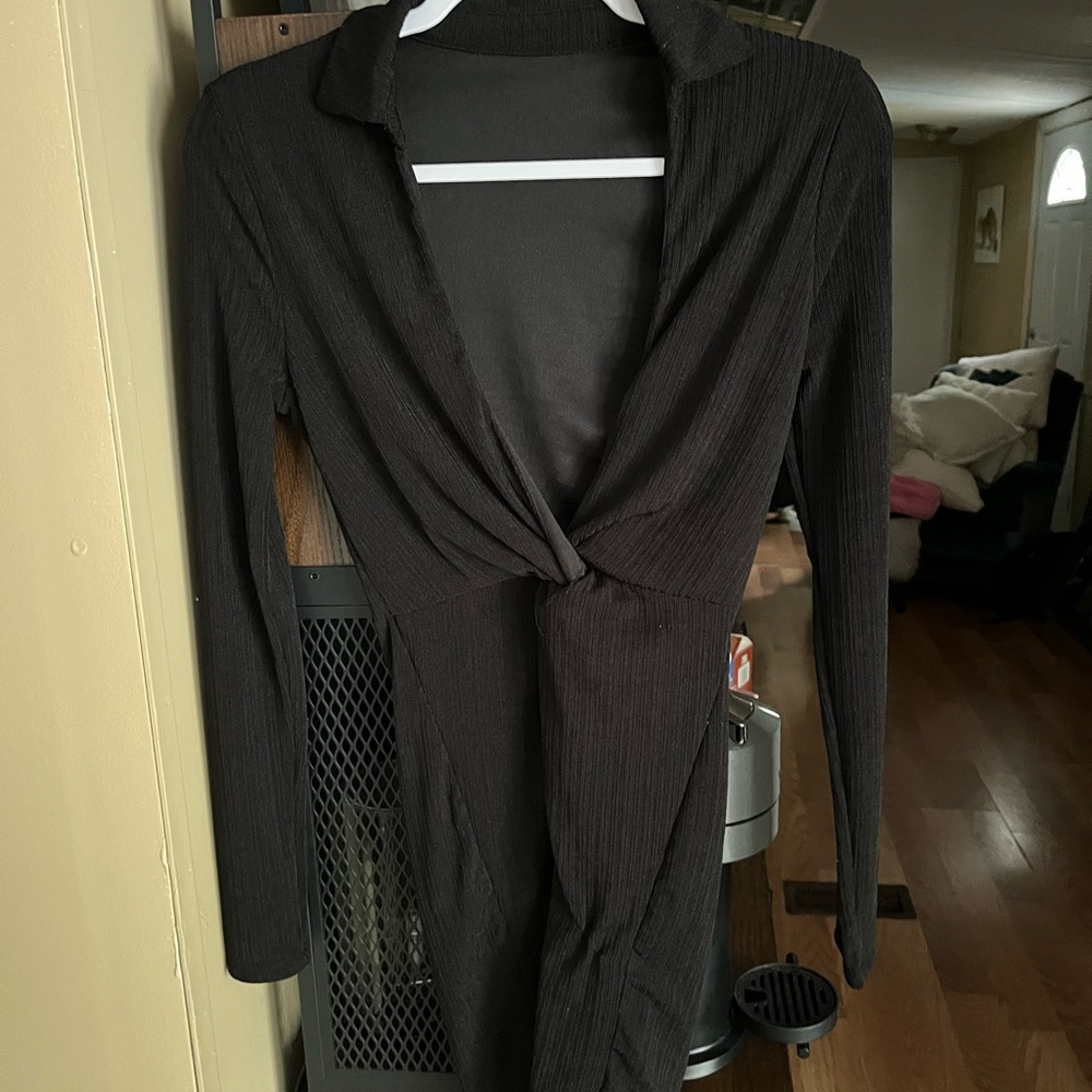 Black Long Sleeve Twist Front Dress